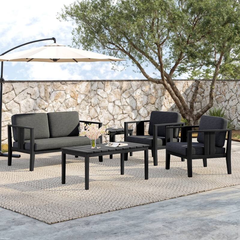 5-Piece Teak Wood Outdoor Conversation Set - Black frame - Dark Gray/Black