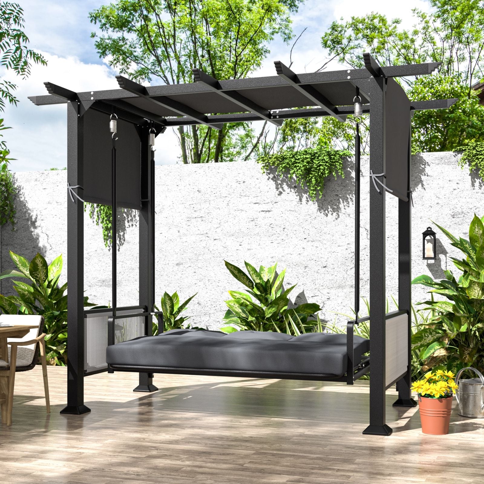 VEIKOUS 3 Seat Outdoor Patio Swing, 2-in-1 Converting Pergola Swing with Adjustable Curtain - N/A