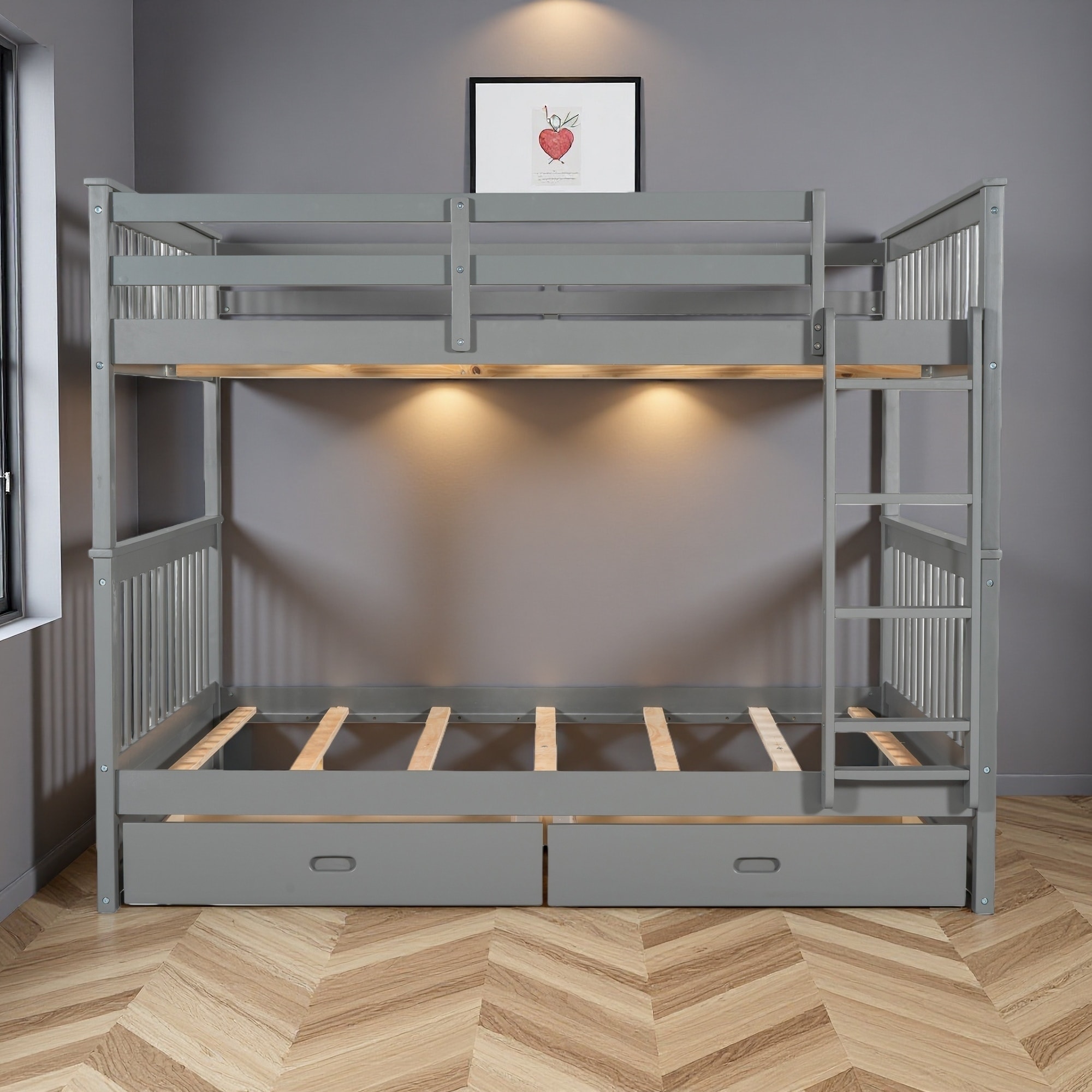 Full over Full Wood Bunk Bed with 2 Ladders & 2 Storage Drawers