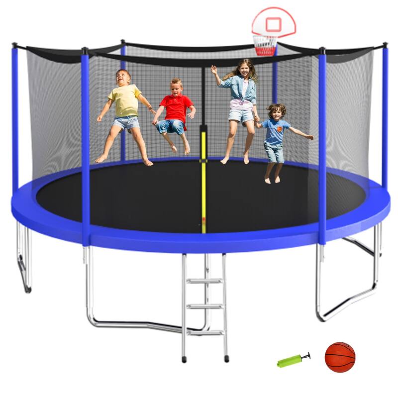 15FT/16FT Trampoline for Kids and Adults, Large Outdoor Trampoline with Basketball Hoop and Net - Blue - 16ft