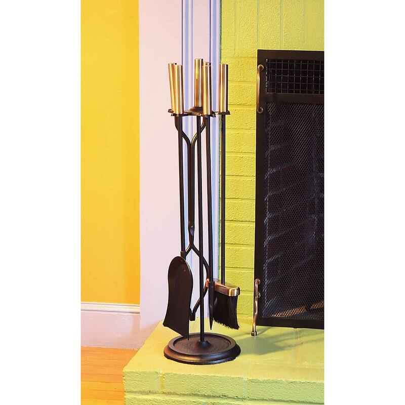 Achla Designs Set of 4 Neoclassic Fireplace Tool Set, 30 Inch Tall, Antique Brass and Black