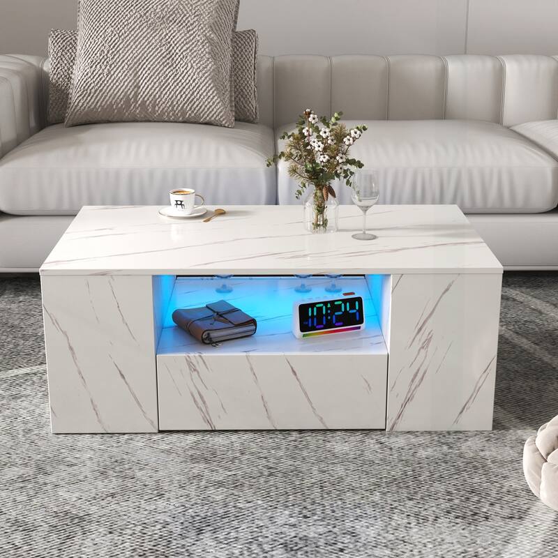 Versatile Modern Coffee Table with LED Lights and Multiple Storage Options - White