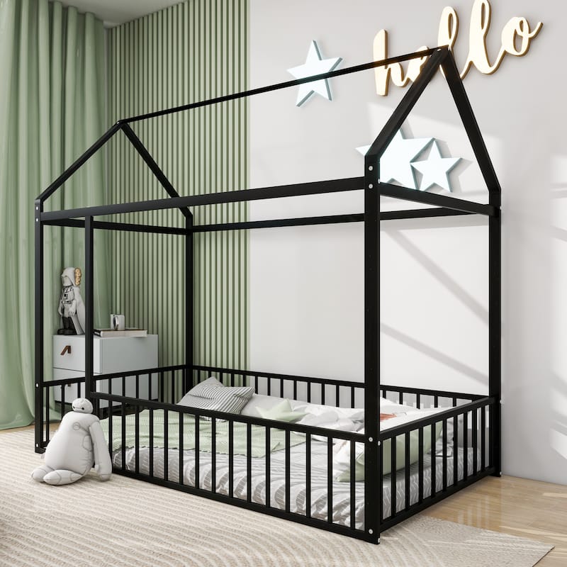 Twin Size Metal Bed House Bed Frame with Fence, for Kids, Teens, Girls, Boys