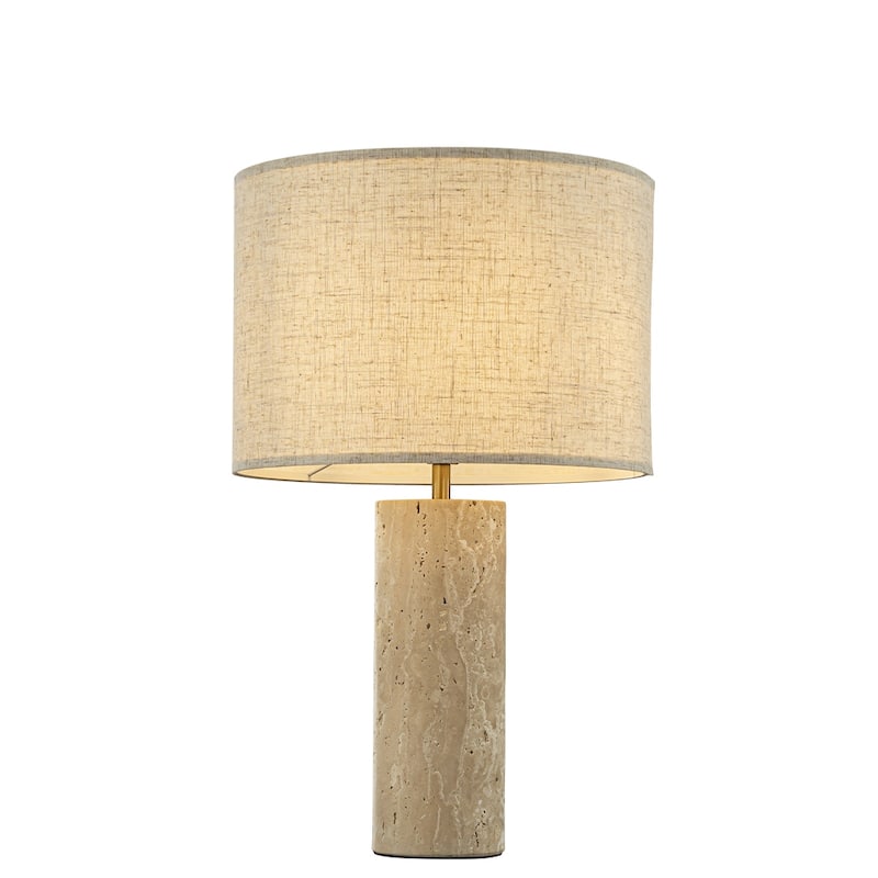 1-Light 22'' Modern Coastal Natural Cylinder Travetine Table Lamp With Beige Linen Shade For Bedroom and Living Room - W14'' - W14'' - Beige