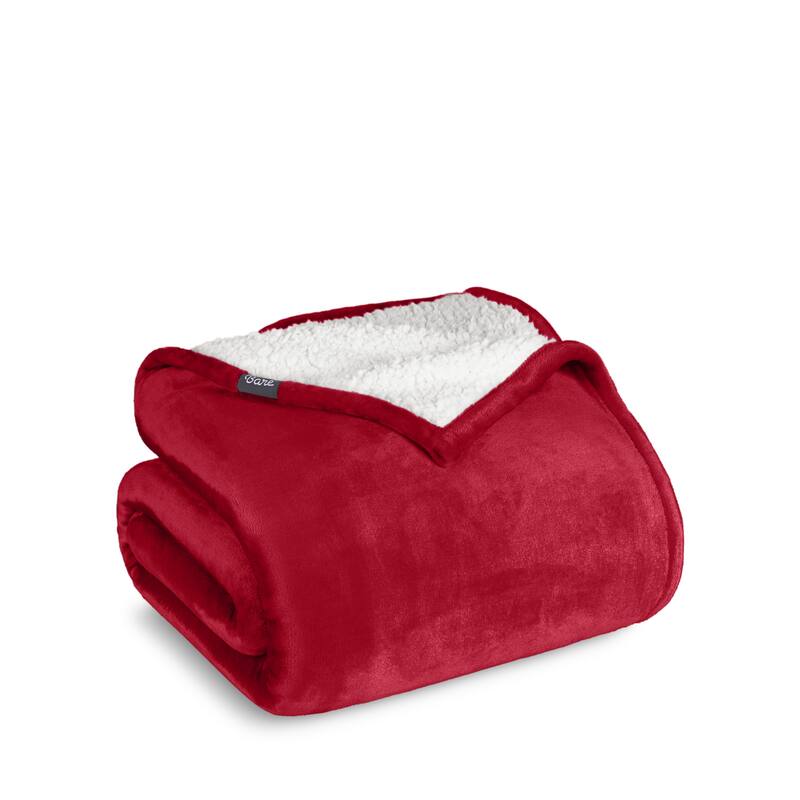 Bare Home Sherpa Fleece Blanket - Reversible Plush Bed Blanket - Full/Queen - Red