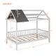 dimension image slide 1 of 6, Twin/ Full Size Wooden House Bed Frame with Fence and House Roof, Semi-enclosed Platform Bed Frame for Kids, Teens