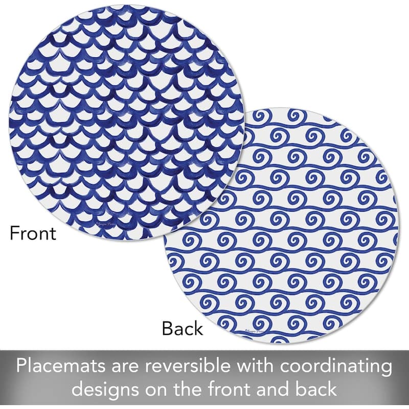 Waves 4 Pack Round Reversible Easy Care Flexible Plastic Placemats Made in The USA Reversible Flexible Easily Wipes Clean