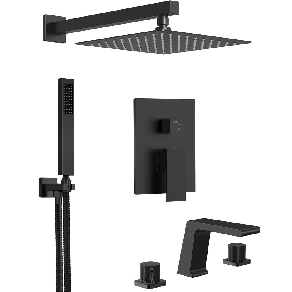 GRANDJOY 10" Rainfall Shower System with 2-Handle Waterfall Bathroom Sink Faucet Combo Set