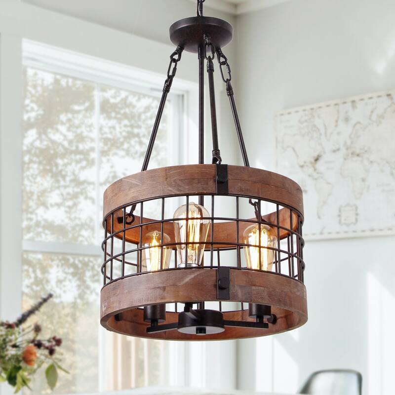Anmytek Modern Farmhouse 3-Light Wood Drum Chandelier Round Metal Pendant Lights for Dining Room - 14" D x 24" H