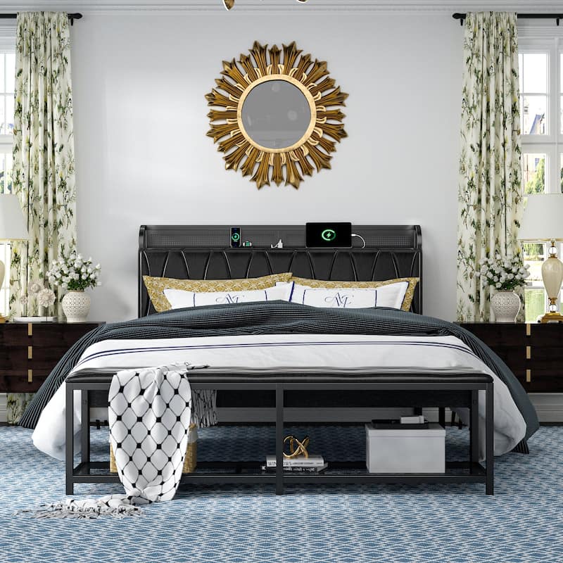 VECELO Bed Frame with Storage Bench, Modern Leather Bedframe with Charging Stations, Headboard and Bed End Stool - Black - Queen