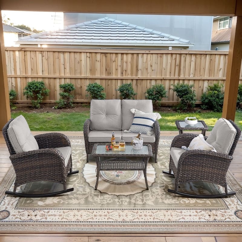 Gymojoy Outdoor Wicker Patio Furniture Loveseat and Chair Set - 5-Piece - Loveseat & Rocking Chairs - Brown Wicker / Beige Cusion