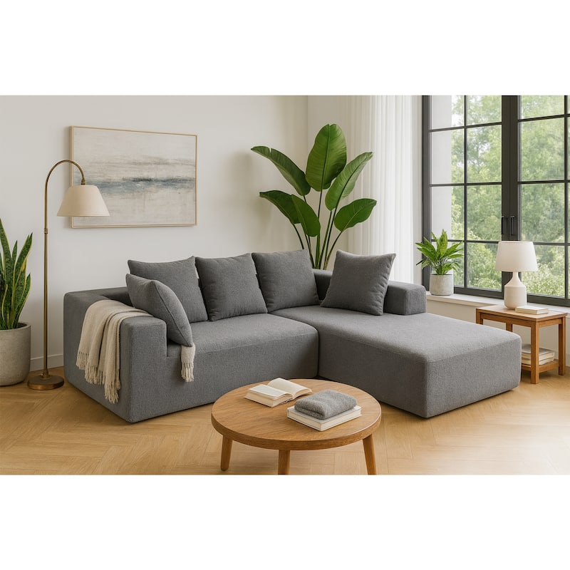 L-Shaped Modular Sectional Sofa, Full Foam Compressed Deep Seat Sofa, Upholstered Corner Sofa with 5 Throw Pillows