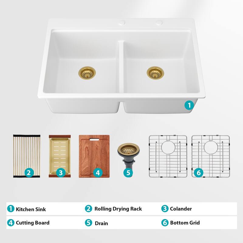 33 Inch Drop-in Double Bowl Quartz Kitchen Sink in White - 33'' x 22'' x 9.65''