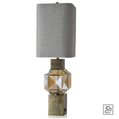 Harp & Finial Beverly Brass and Amber Table Lamp with Heathered Gray Shade