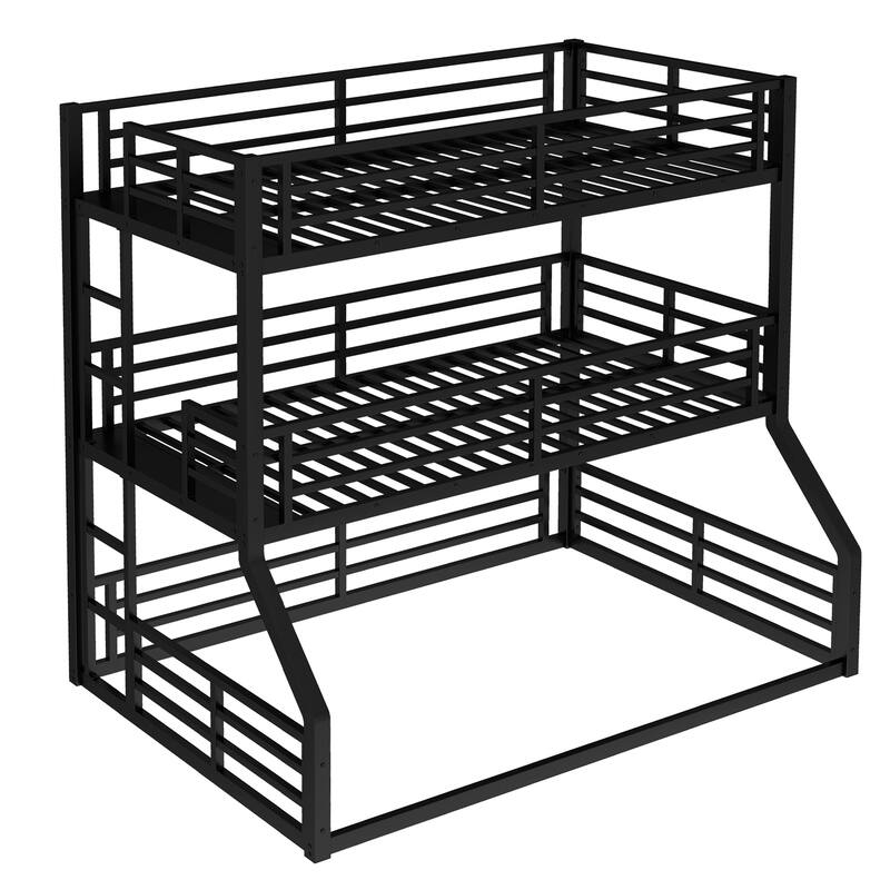 Triple Metal Bunk Bed with Safety Guardrails, Noise-Reduced Design, Black