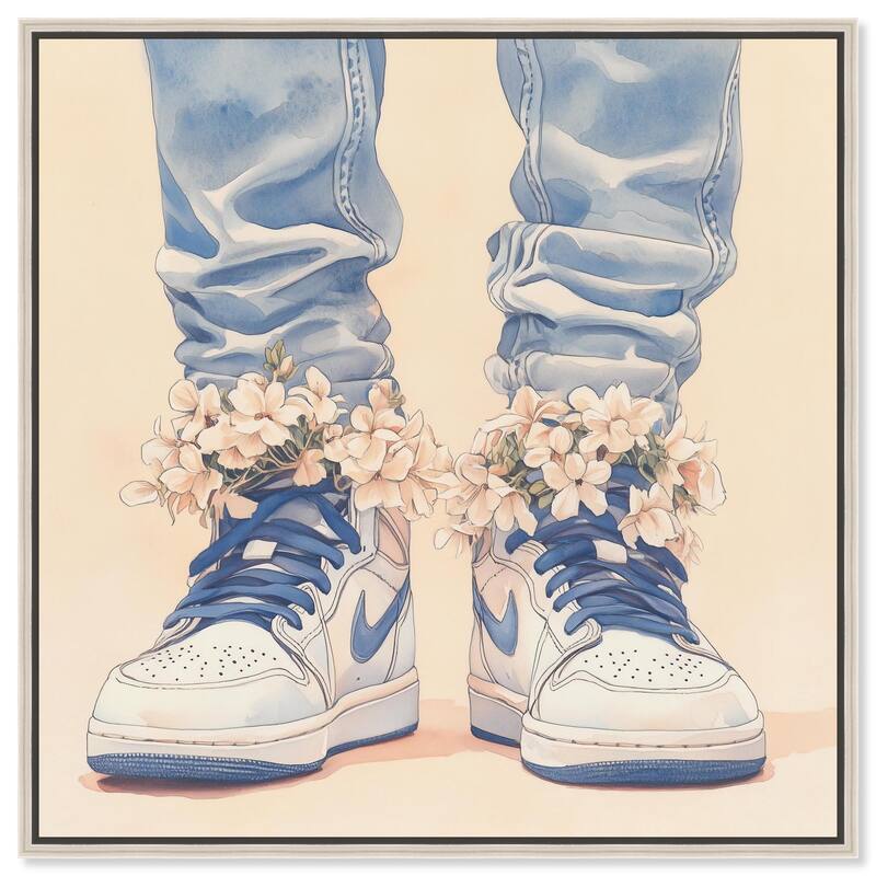 Gentle Blue Sneakers and Flowers Canvas by Art Remedy - Silver - 30" x 30"