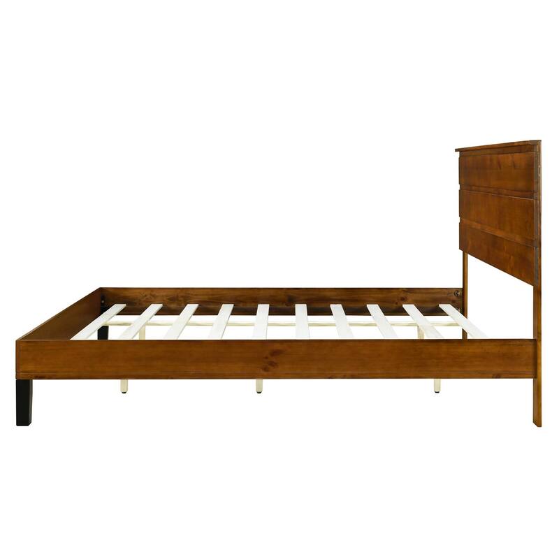 Brown Solid Wood Frame Platform Bed with Three-Piece Headboard Design