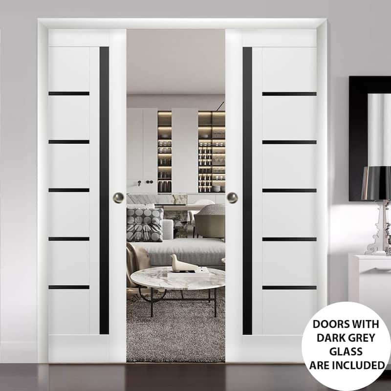 SartoDoors Quadro 4588 | Interior French Doors Double French | Solid Wood w/ Glass | Hardware Set | 36x80, White Silk