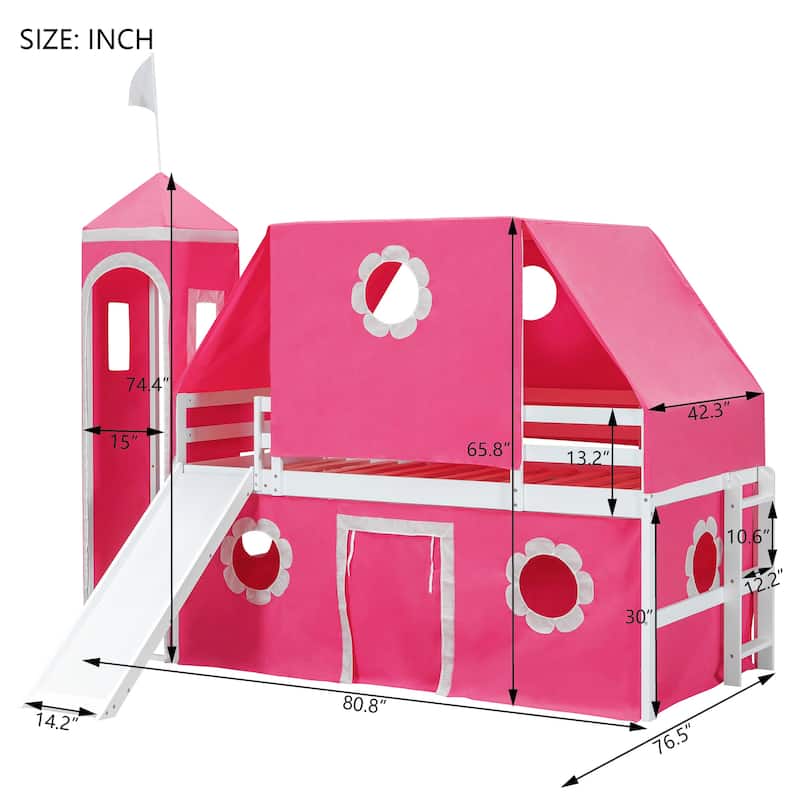 Playhouse Low Loft Bed with Slide, Pink Tent and Tower, Solid Pinewood Floor Bunk Bed Frame, Wooden Slats Support
