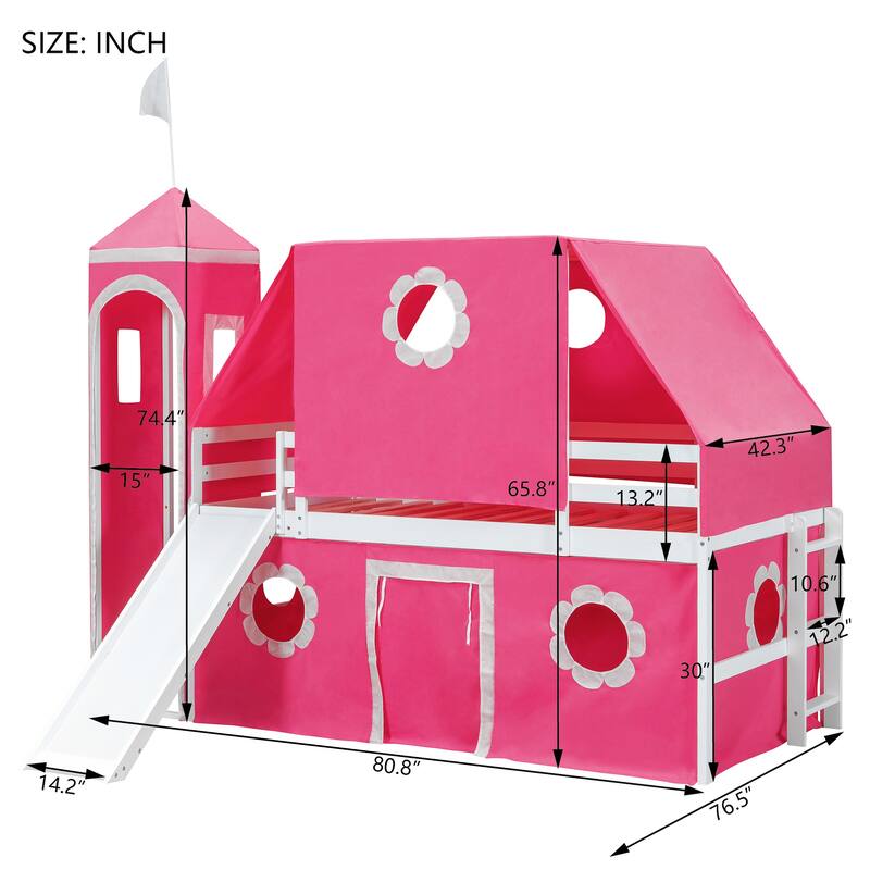 Twin Size Loft Bed with Slide Pink Tent and Tower