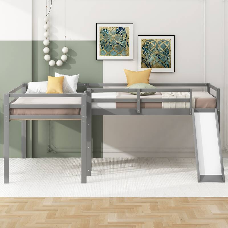 L-Shaped Twin Loft Bed with Ladder and Slide, Space-Saving Design