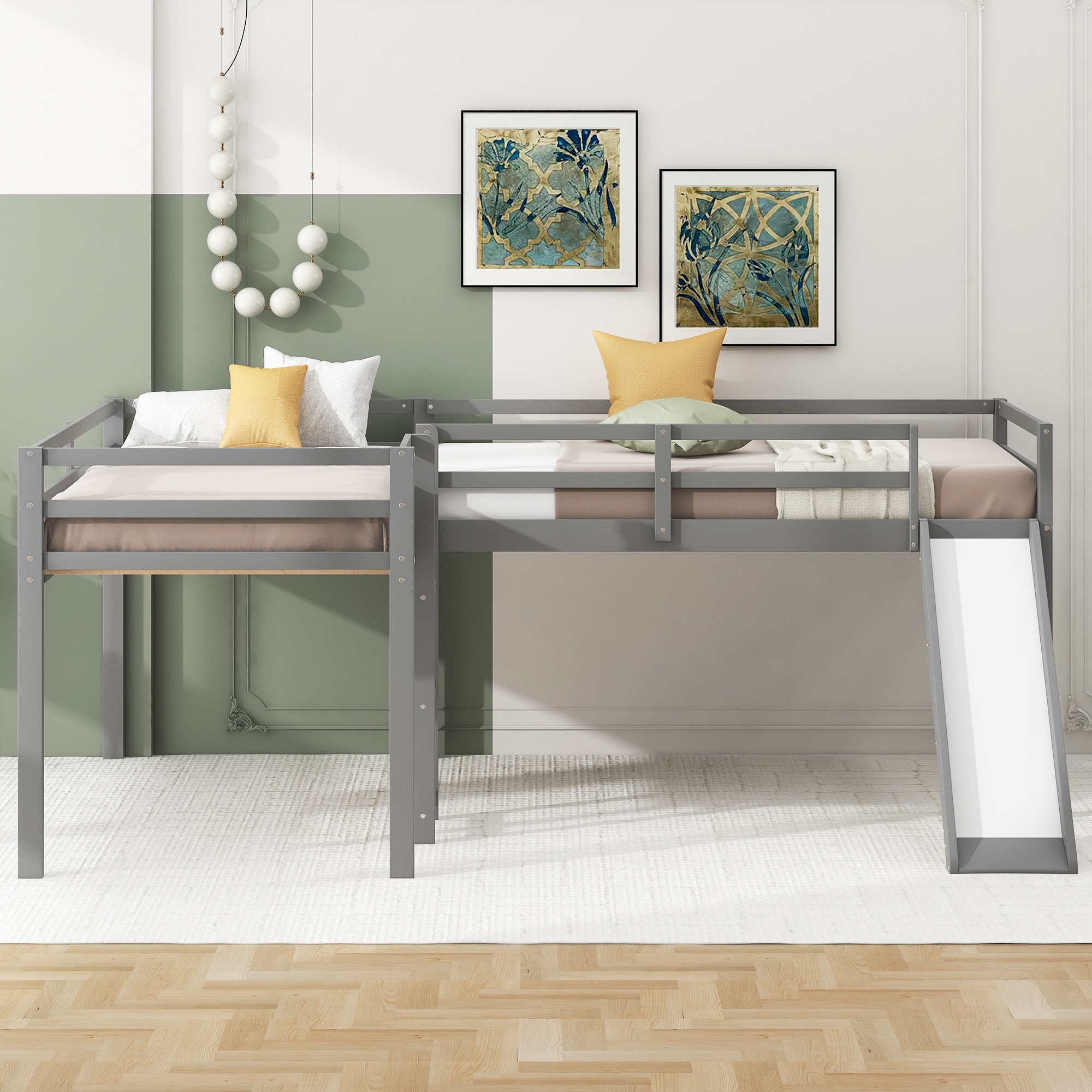 L-Shaped Twin Size Loft Bed with Ladder and Slide, Solid Wood Bed Frame w/Safety Guardrail & Slat Supports for Girls & Boys