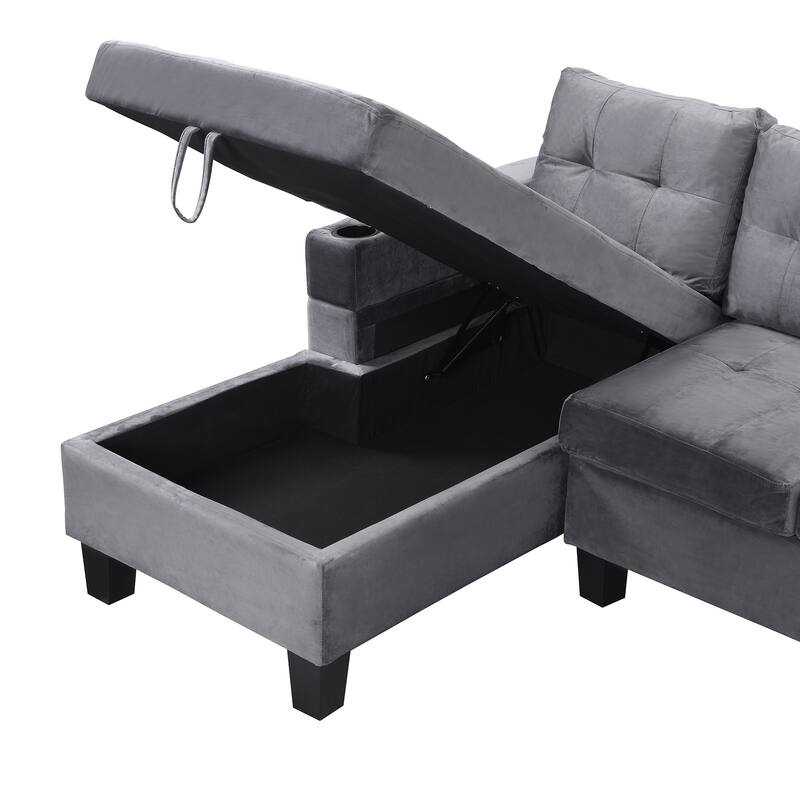 L-Shape Sectional Sofa Set with Storage Chaise, 4-Seat Modular Sofa with Cup Holder and Left Hand for Livingroom