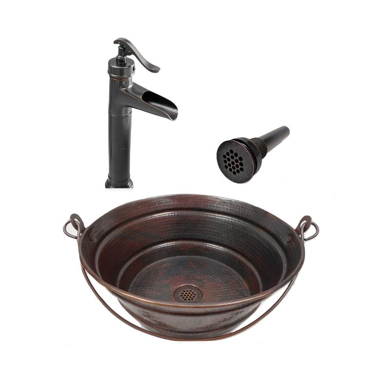 13" Round Copper Vessel BUCKET Bath Sink with 13" Faucet & Grid Drain - 13" x 13" x 5.5"