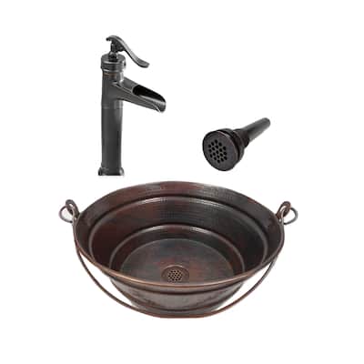 13" Round Copper Vessel BUCKET Bath Sink with 13" Faucet & Grid Drain - 13" x 13" x 5.5"