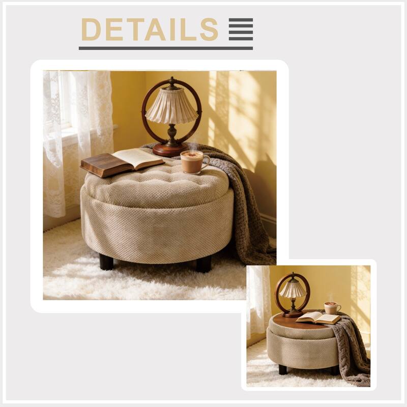 Round Storage Ottoman with Lift-Off Tray and Upholstered Fabric