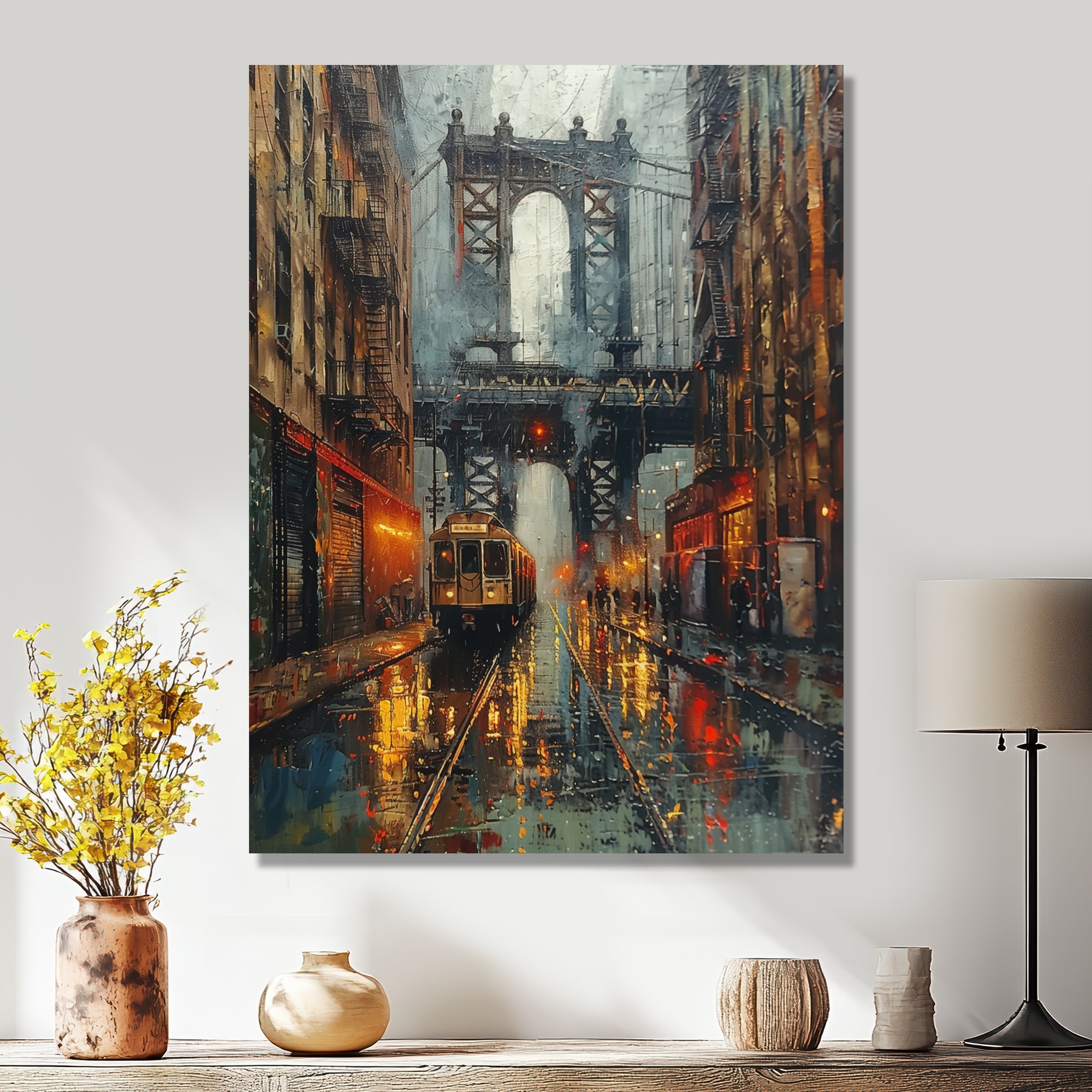 Designart "Brown Red Spring Brooklyn City Bridge" Bridges Canvas Wall Art - Traditional Wall Decor Brown Wall Art