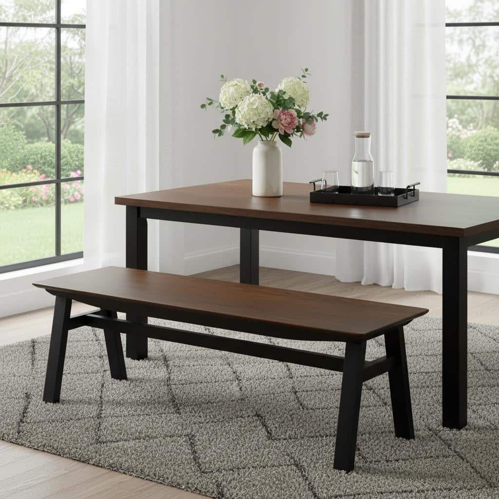 HomeRoots 59" Walnut and Black Solid Wood Dining Bench - 59.10 in. x 17.40 in. x 15.20 in.