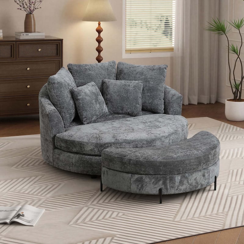 59.8''W Oversized Sofa Chair Set, Round Accent Barrel Chair With 5 Pillows and 1 Storage Ottoman - Set/Charcoal/Chenille