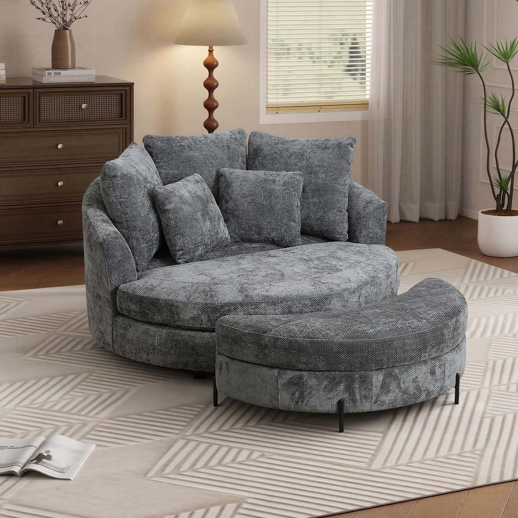 59.8''W Oversized Sofa Chair Set, Round Accent Barrel Chair With 5 Pillows and 1 Storage Ottoman