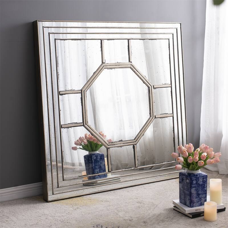 Antique Style Decorative Square Wall Mirror with Mirrored Frame