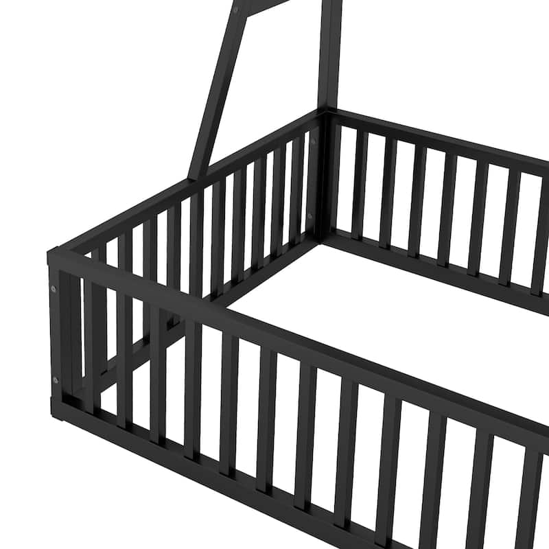 Twin Size Floor Bed Frame with Safety Fence, Metal Floor Bed with Desk and Storage Shelves, Playhouse for Kids, Black