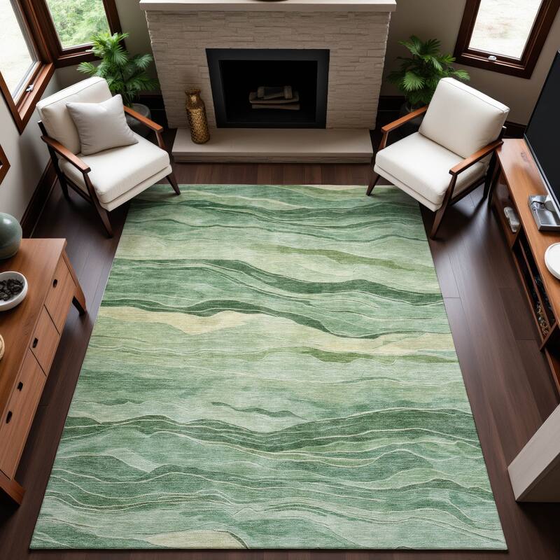 Premium Washable Super Soft Modern Waves Mayfield Rug - Green - 9' x 12'