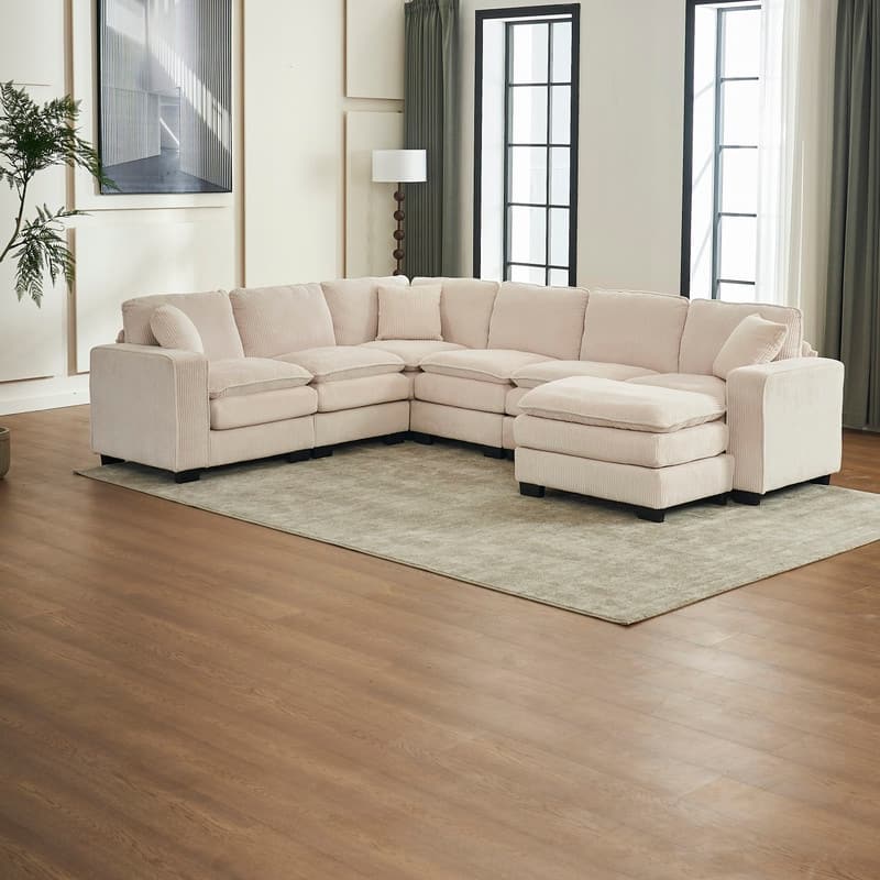 Modern U-Shaped 6-Seater Sectional Sofa with One Footstool