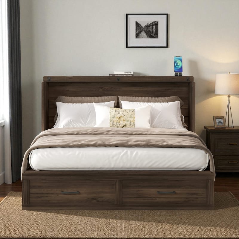 Queen Farmhouse Murphy Cabinet Bed with Charging Station and Large Storage Drawer, Foldable Space-Saving Platform Bed