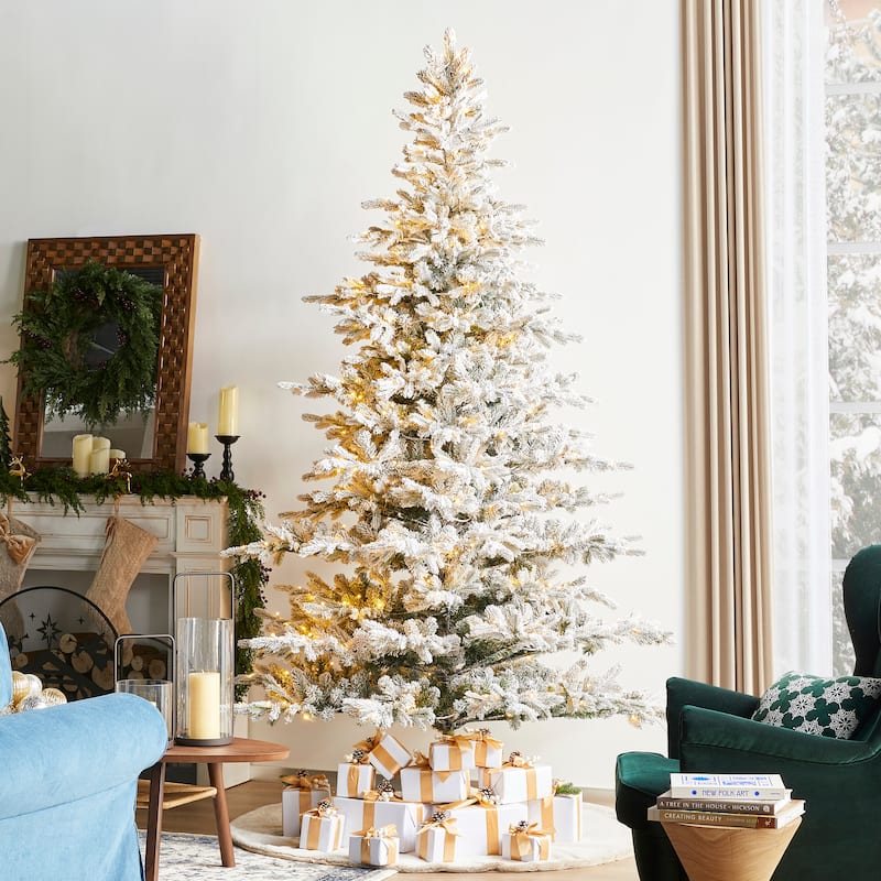 Glitzhome 7.5ft/9ft Pre-Lit Flocked Full Fir Artificial Christmas Trees with Foot Pedal