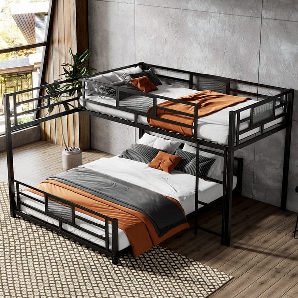 slide 2 of 14, Metal Twin over Full Size Bed Frame, L-shaped Bunk Bed with Full Length Guardrail and Ladder for Children, Boys and Girls Black - Full
