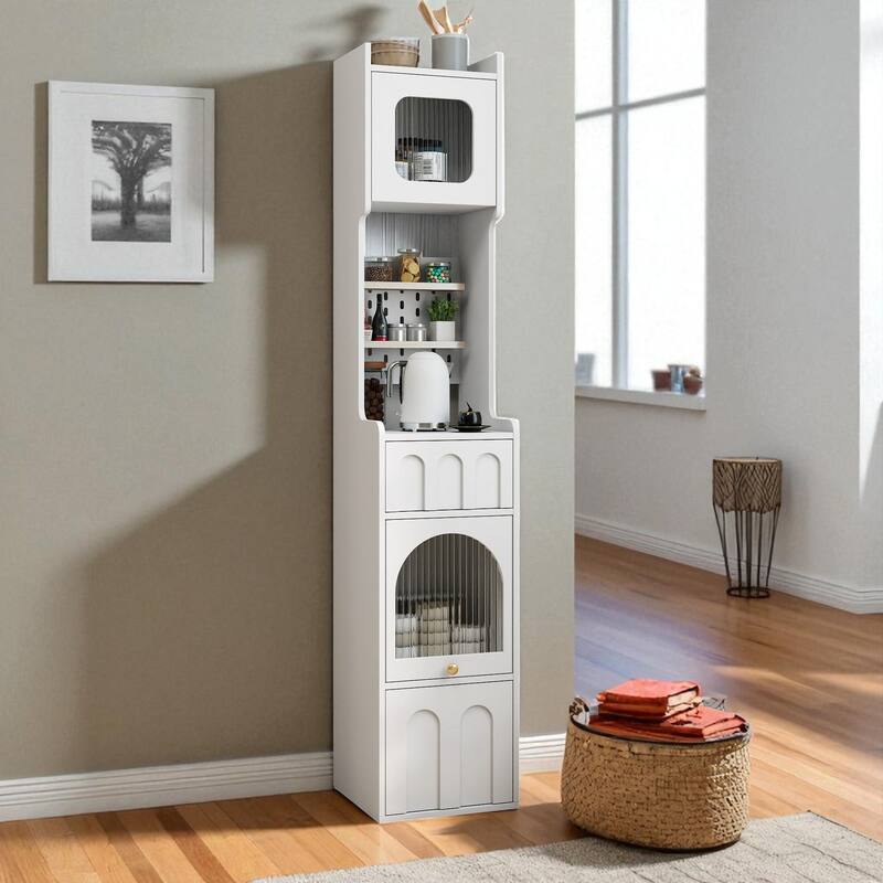 70" Tall White Storage Cabinet with Glass Door Hutch, Pegboard & Drawers for Kitchen, Entryway or Bedroom