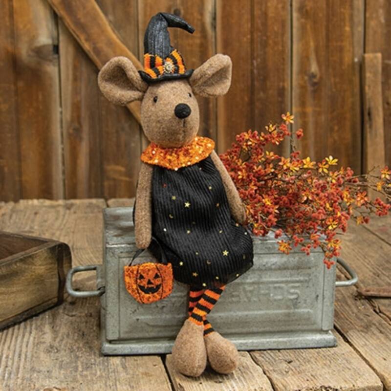 20 Inch Plush Trick or Treat Mouse Decoration with Dangling Legs and Halloween Outfit - 20" H x 7.5" W