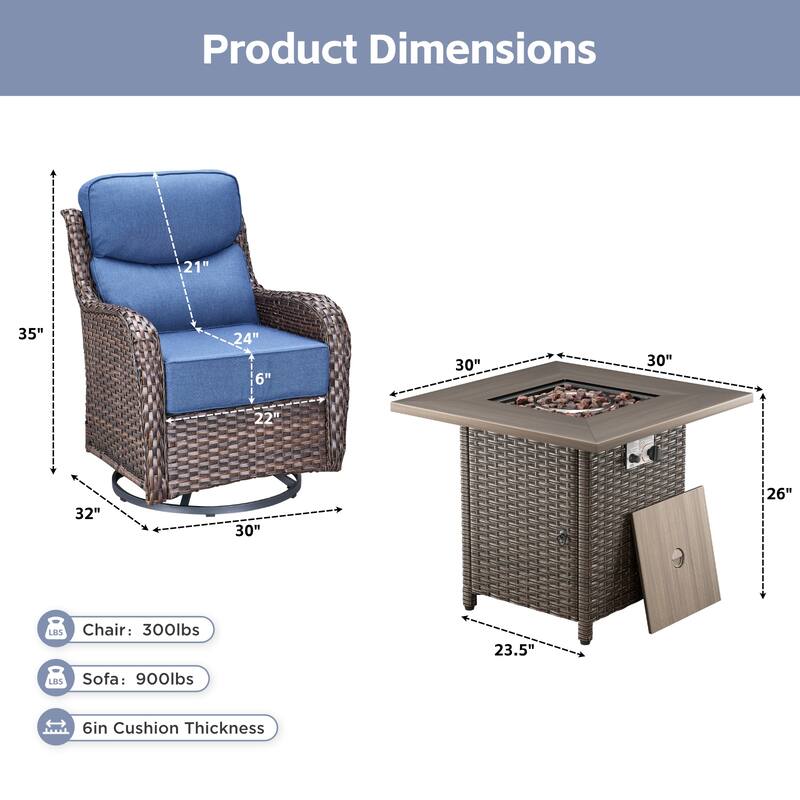 Arcadia 5-Piece Patio Conversation Set with 4 Swivel Glider Chairs and Wicker Square Fire Pit