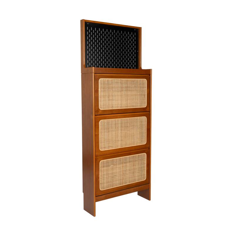 Roomfitters Rattan Shoe Cabinet with 3 Flip Drawers, Entryway Shoe Storage & Pegboard Organizer, Walnut