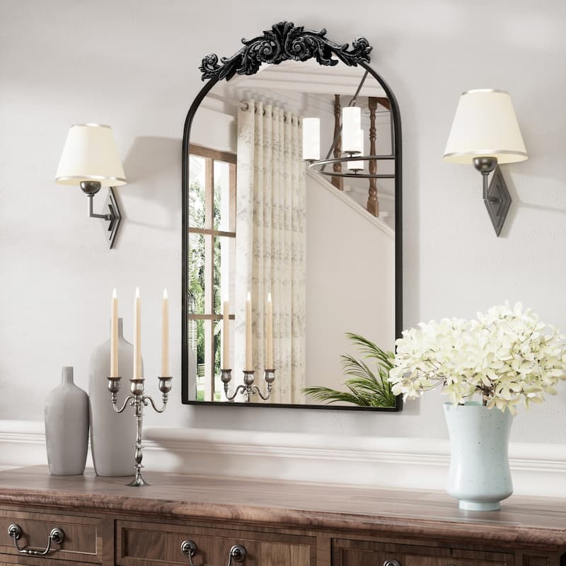 Baroque Ornate Metal Arch Mirror - 19W * 30H Inches - Black