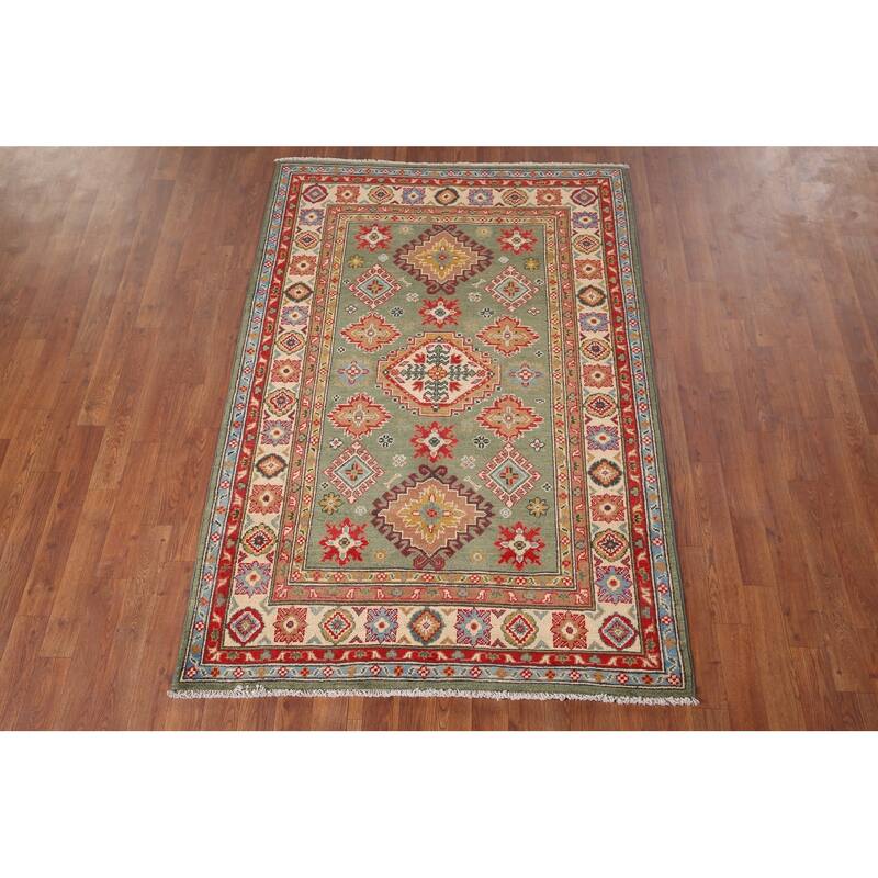 Hand Knotted Oriental 100% Wool Carpet Traditional Geometric Green Kazak Area Rug - 5' 11'' X 4' 0''