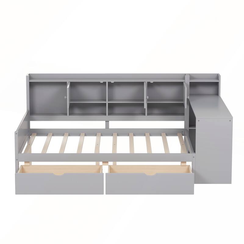 Wooden L-Shape Full Size Daybed with Study Desk and Built-in Bookshelf