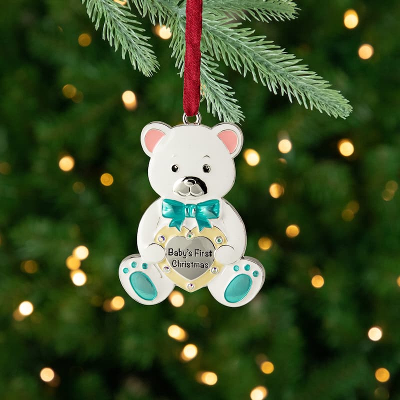 3" Pastel Silver Plated Bear Baby's First Christmas Ornament with European Crystals