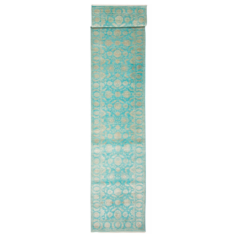 ECARPETGALLERY Hand-knotted Heritage Turquoise Silk, Wool Rug - 2' 7" x 14' - Turquoise - 2' 7" x 14' - Runner
